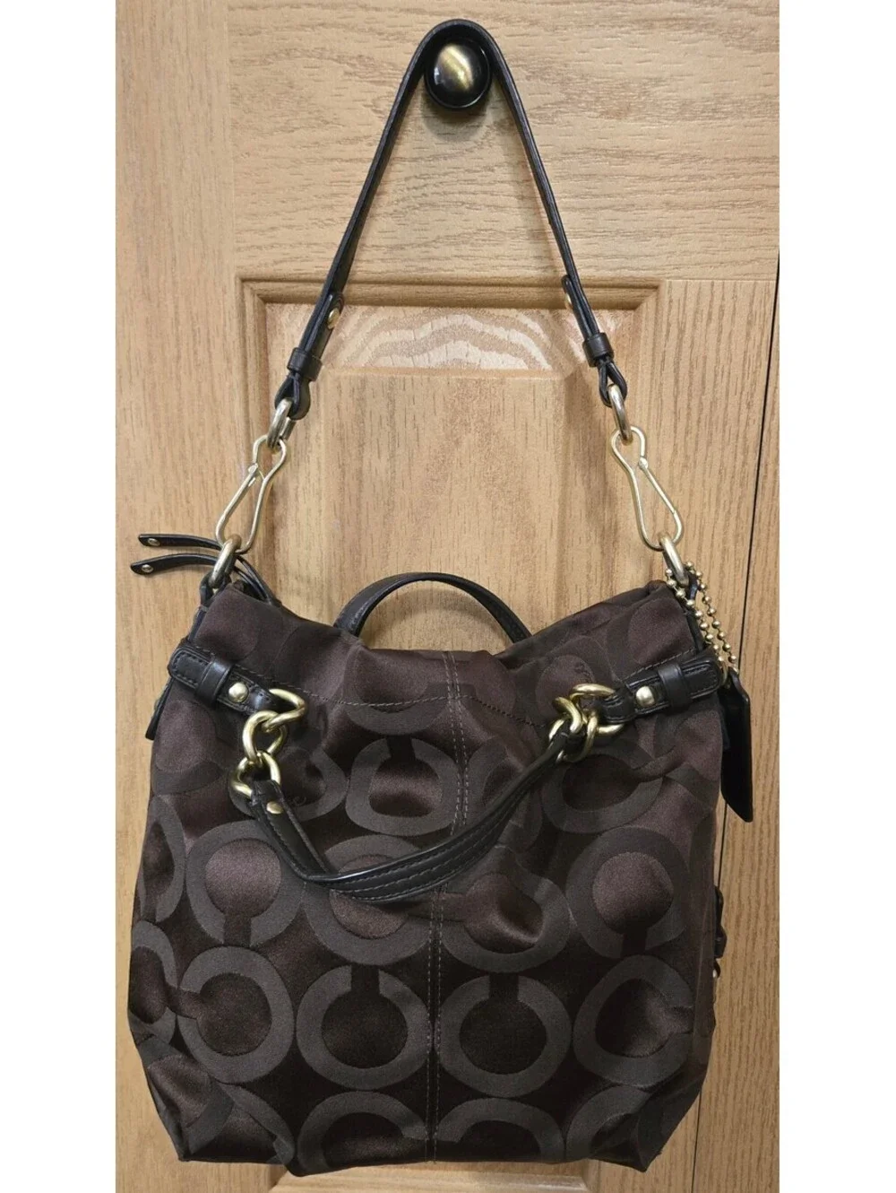 Coach Signature Brown Canvas and Leather Tote Bag with Gold Hardware and Purple-